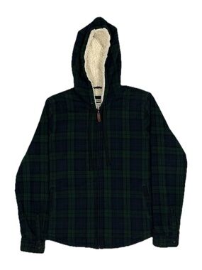 LL Bean Navy Green Tartan Plaid Sherpa Lined Relaxed Fit Zip Hoodie Women Medium